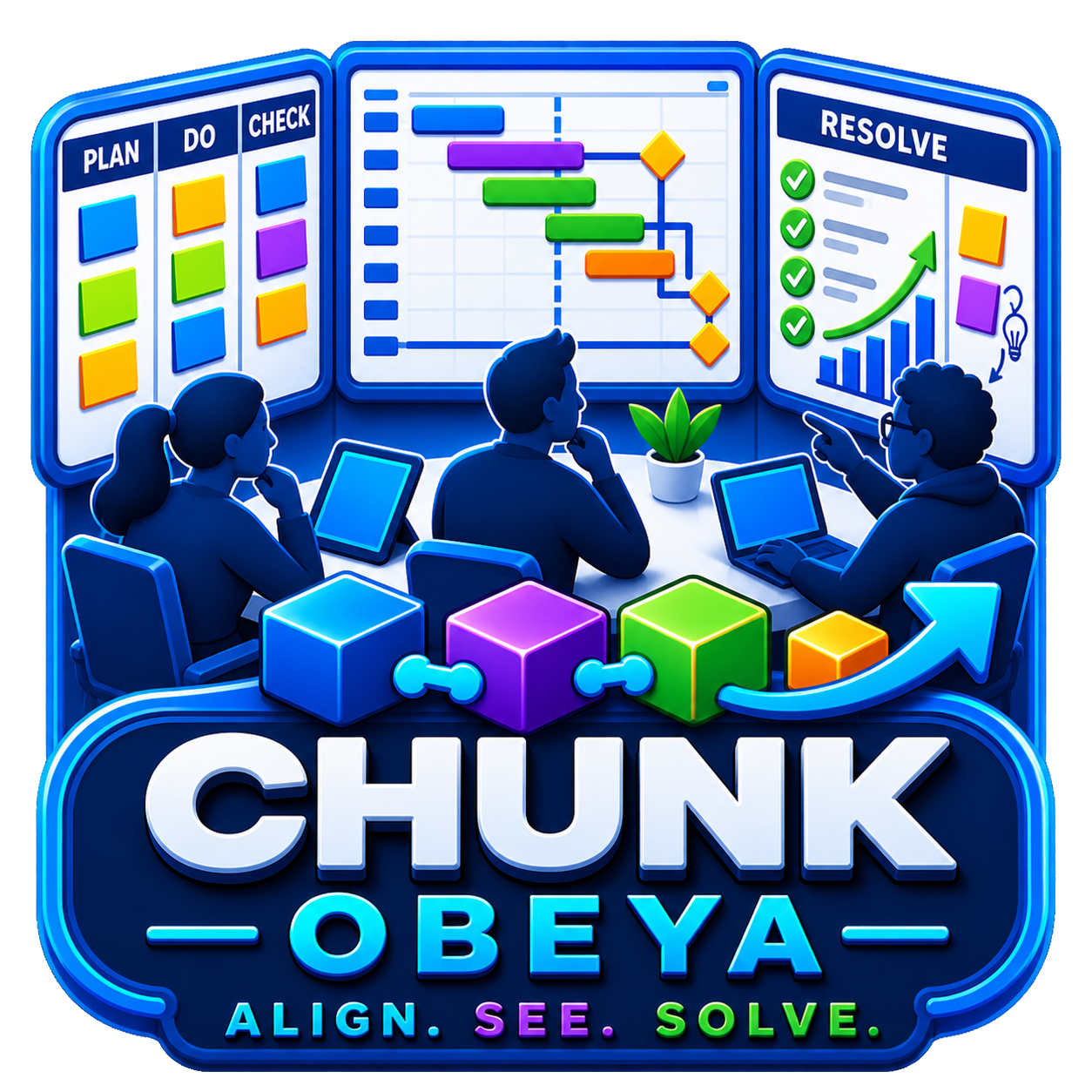 Chunk Obeya artwork showing a team collaborating around shared planning, delivery, and resolution boards