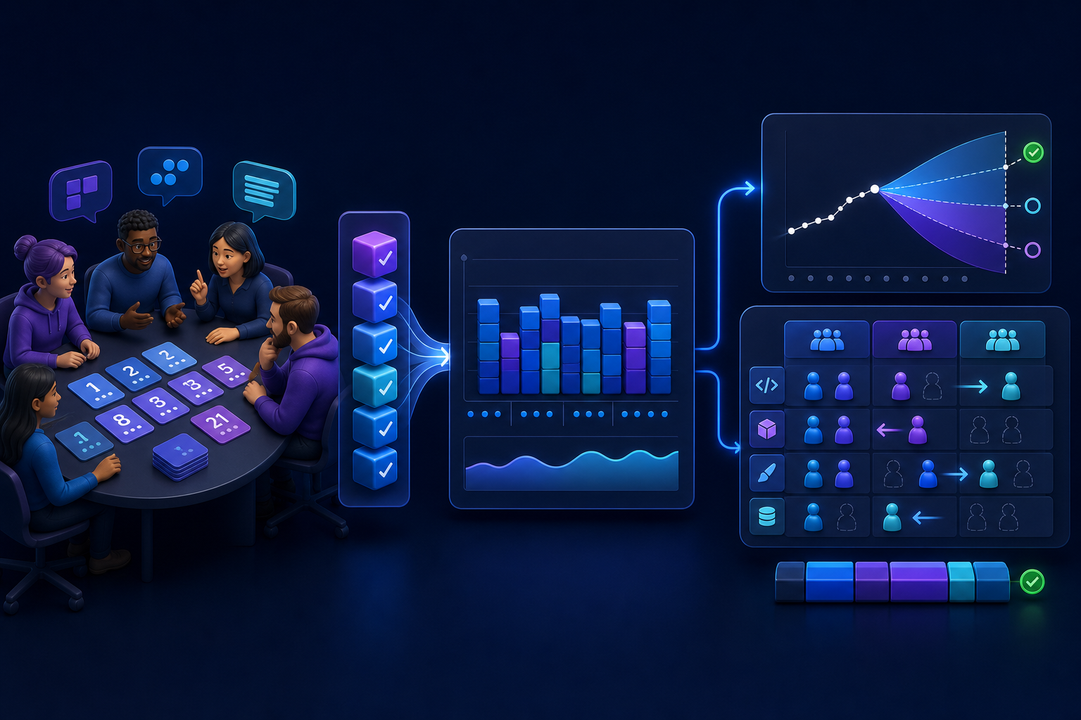 A delivery team collaboratively estimates chunks, completed work establishes an observed cadence, and that cadence informs a completion forecast and team capacity alignment