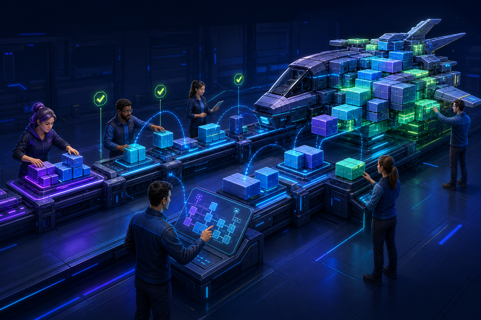 An organized team delivers differently sized chunks in parallel along a visible assembly line, progressively building one sophisticated modular object