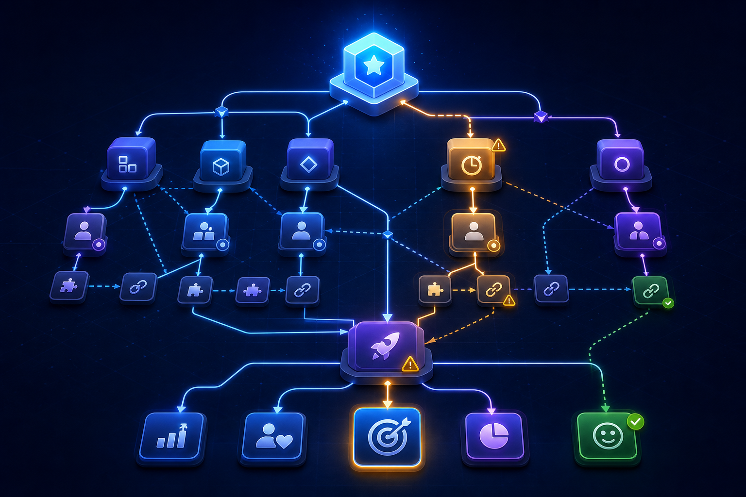 A relationship map connecting outcomes, chunks, owners, dependencies, releases, and evidence, with an at-risk path highlighted through its downstream impact